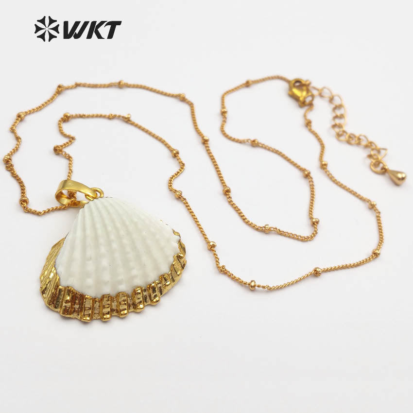 WT-JN014 Wholesale Newest 24k Gold Plated White Scallop Shell Necklace, Lovely Charming White Scallop Shell Necklace