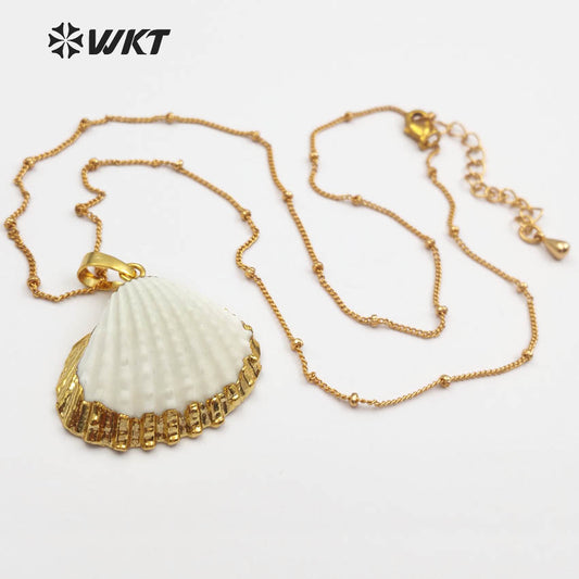 WT-JN014 Wholesale Newest 24k Gold Plated White Scallop Shell Necklace, Lovely Charming White Scallop Shell Necklace