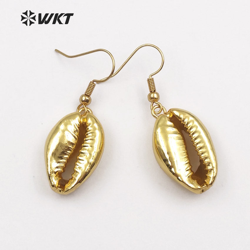 WT-E164 Wholesale Natural White Cowry Shell With Full Gold Dipped Earrings, Hotsale Gold Shell Cowry Earrings