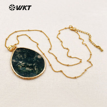WT-N1102 Wholesale Latest Necklace Designs Moss Agate Pendant Necklace Gold Plated Natural Oval Shape Jasper Agate Necklace