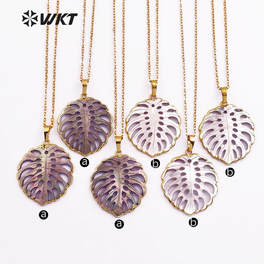 WT-JN027Hot Sale Leaf Shape Pendant Hollow Mesh Necklace Good Quality Stone with Gold Color Plated Pendant