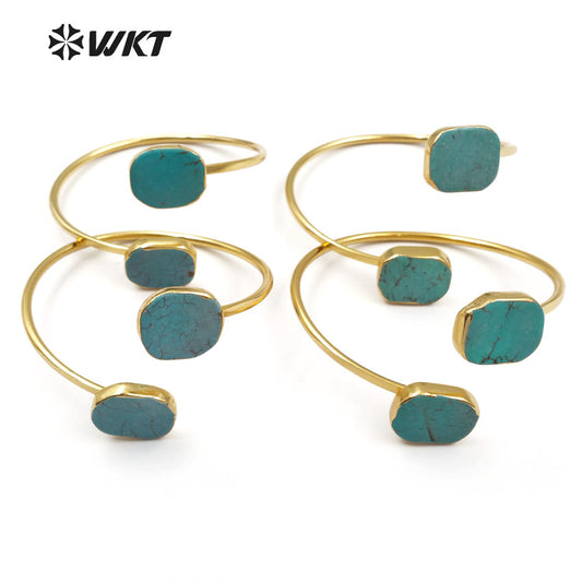 WT-B097 Newest!! Raw Stone Bracelet Bangles in 24k Real Gold Plated, Bohemian Turquoise Stone Bracelet Jewelry