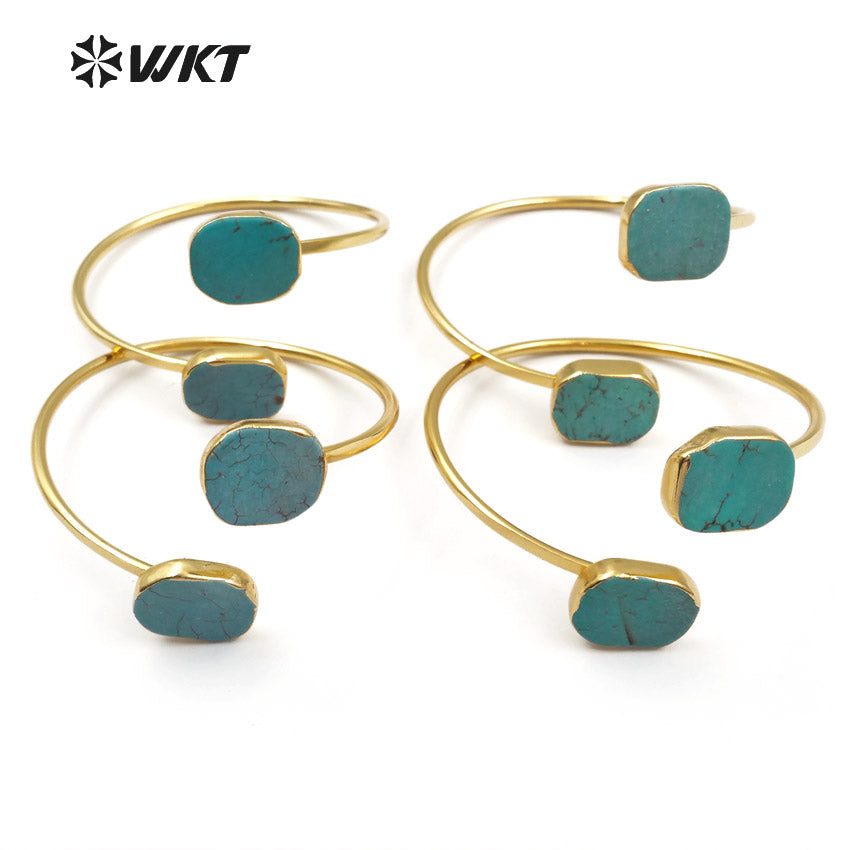 WT-B097 Newest!! Raw Stone Bracelet Bangles in 24k Real Gold Plated, Bohemian Turquoise Stone Bracelet Jewelry