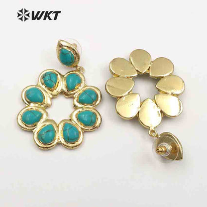 WT-E468 Wholesale Romantic Natural Stone Top Fashion Lady Elegant Jewelry Flower Shape Agate and Turquoise Drop Earrings