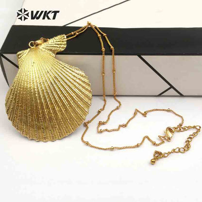 WT-JN015 Newest Hot 24k Real Full Gold Dipped Scallop Shell Necklace, Lovely Natural Gold Scallop Shell Necklace