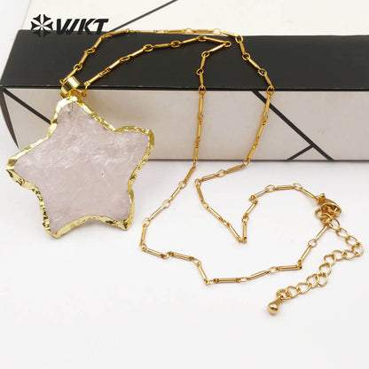 WT-N1122 Fashionable Gold Plated Raw Stone Star Shape Necklace, Bohemian Hammer Rose Quartz Star Necklace