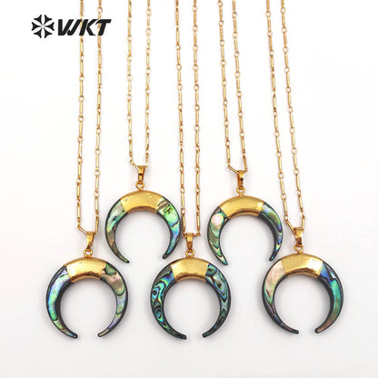 WT-N998 Wholesale High Quality Special Design Necklace 18 Inch Natural Abalone Shell Crescent Shape 24K Gold Plated Jewelry