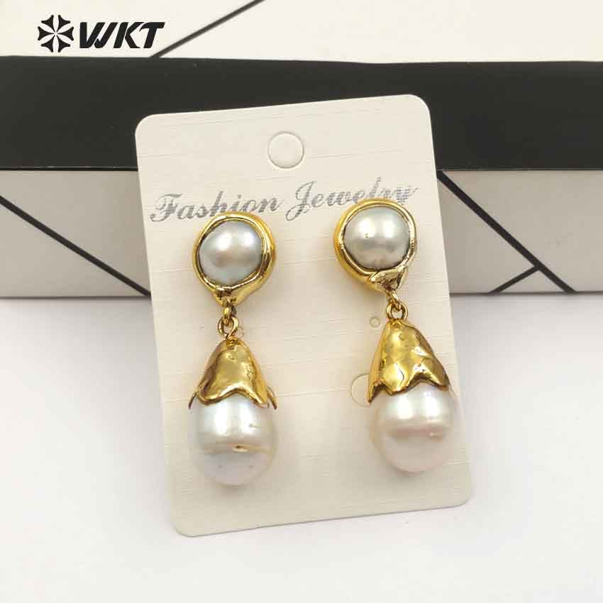 WT-E470 New Arrival Beautiful Special Design Classic with Full Gold for Women Jewelry Water Drop Natural Baroque Pearl Earring