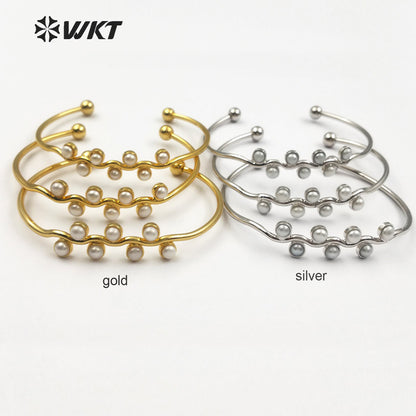 WT-B387 WKT Wholesale Fashion New Simple 24k Real Gold Plated Freshwater Pearl Charm Adjustable Cuff Bangle