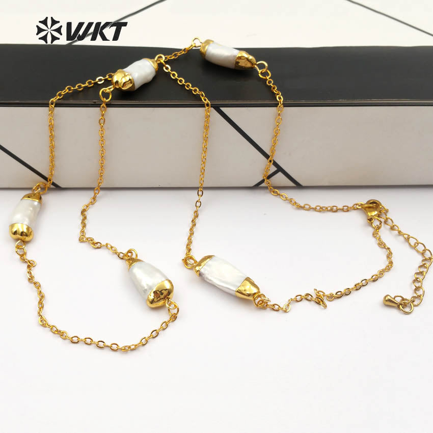 WT-N1120 Elegant Natural Freshwater Pearl Necklace, Women Fashion Handmade Gold Plated Chain Pearl Necklace