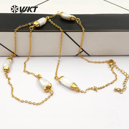 WT-N1120 Elegant Natural Freshwater Pearl Necklace, Women Fashion Handmade Gold Plated Chain Pearl Necklace