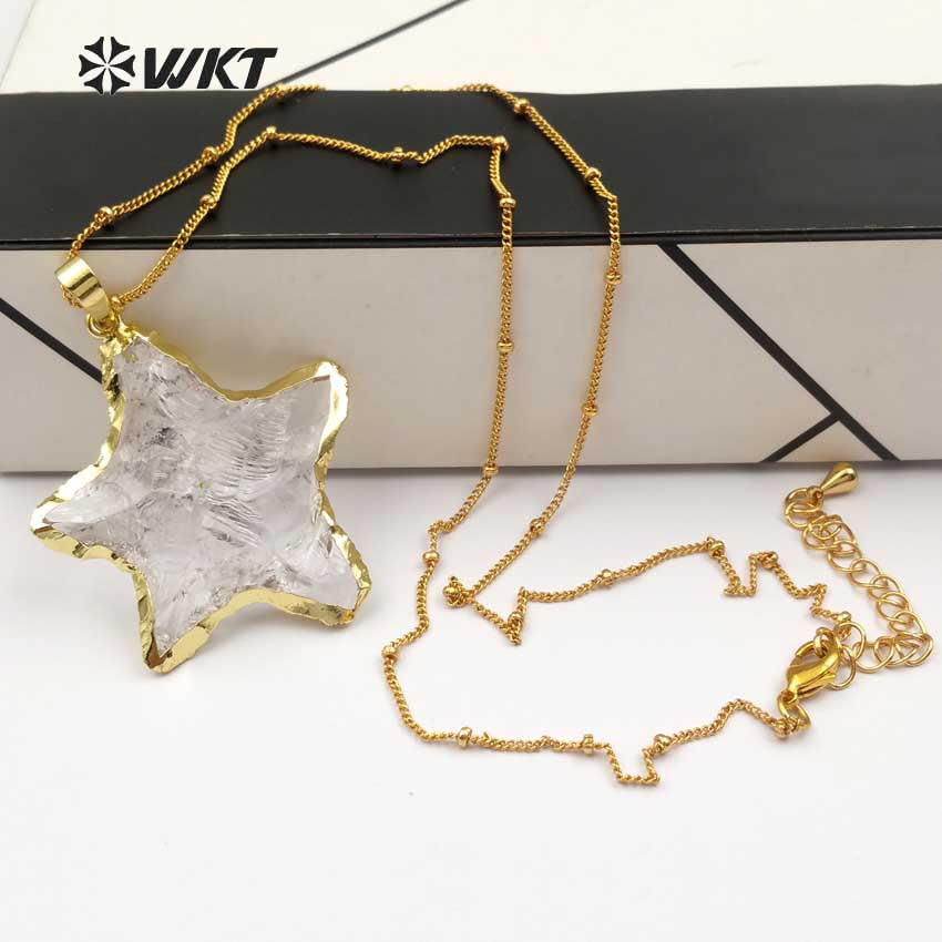 WT-N1119 Wholesale Natural Raw Crystal Quartz Stone Necklace, Handmade Hammer Gold Plated Star Shape Crystal Quartz Necklace