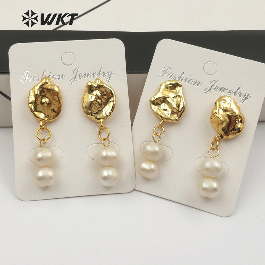 WT-E451 Gold Dipped Natural Freshwater Pearl Double Tiny Round Shape Pearl Inlay Earring Delicate Classic Pearl Women Earring