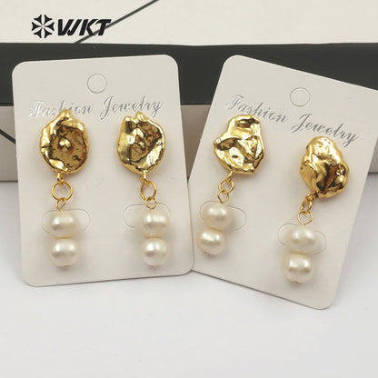 WT-E451 Gold Dipped Natural Freshwater Pearl Double Tiny Round Shape Pearl Inlay Earring Delicate Classic Pearl Women Earring