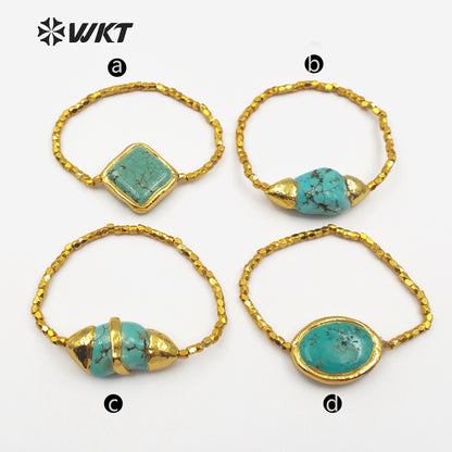 WT-B417 Wholesale Women Fashionable Handmade Turquoise Beads Bracelet, Gold Plated Flexible Green Turquoise Bracelet