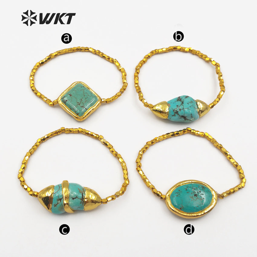 WT-B417 Wholesale Women Fashionable Handmade Turquoise Beads Bracelet, Gold Plated Flexible Green Turquoise Bracelet