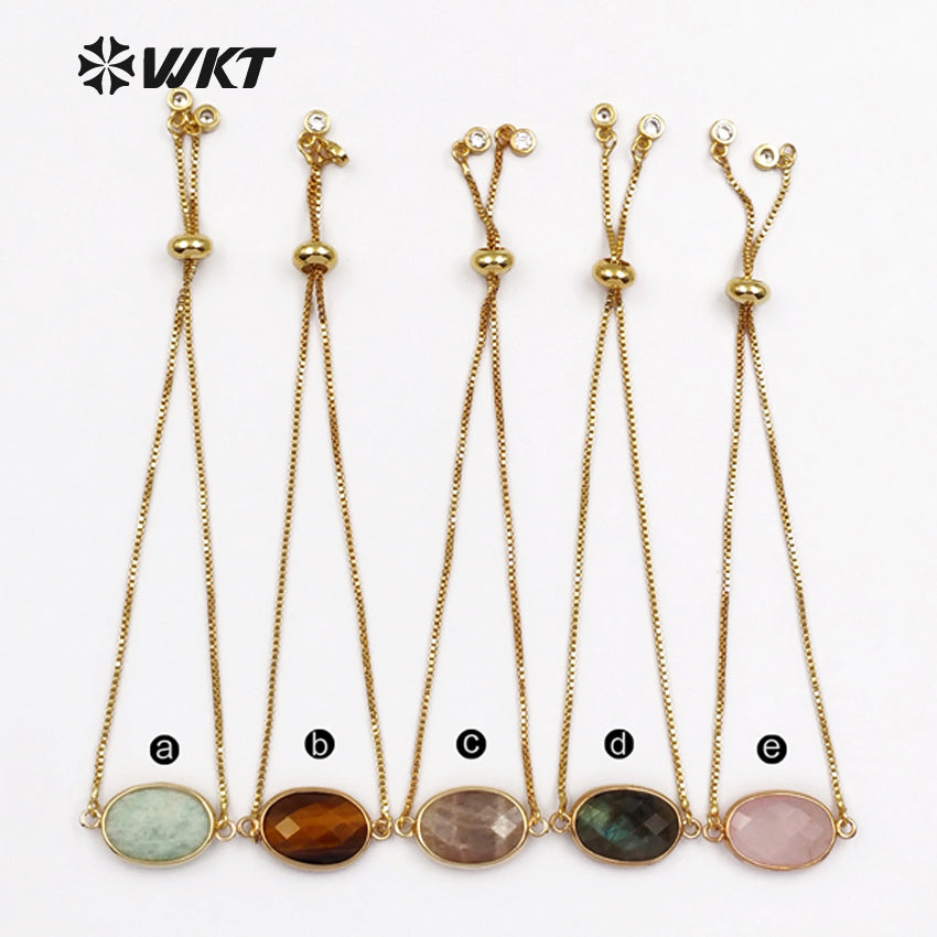 WT-B420 Women Fashion Gold Bezel Natural Gemstone Bracelet, Adjustable Brass Chain Bracelet with Stone