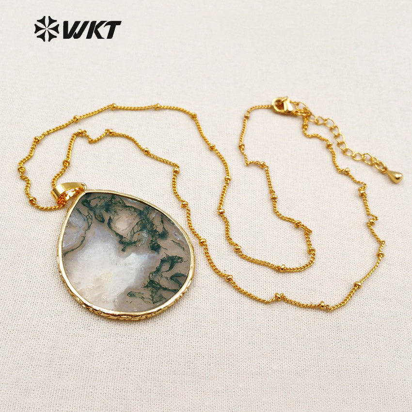 WT-N1102 Wholesale Latest Necklace Designs Moss Agate Pendant Necklace Gold Plated Natural Oval Shape Jasper Agate Necklace