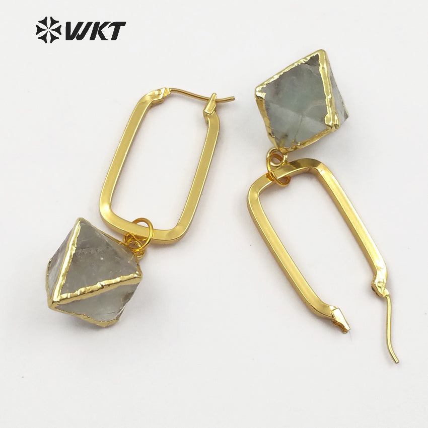 WT-E450 Heal Stone Dice Shape Rainbow Fluorite With Gold Dipped Rectangle Metal Hoop Inlay Earring Women Dainty Jewelry Earring