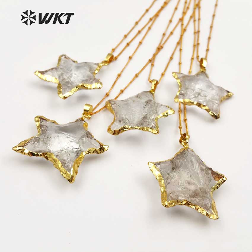 WT-N1119 Wholesale Natural Raw Crystal Quartz Stone Necklace, Handmade Hammer Gold Plated Star Shape Crystal Quartz Necklace