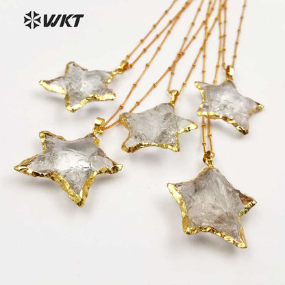 WT-N1119 Wholesale Natural Raw Crystal Quartz Stone Necklace, Handmade Hammer Gold Plated Star Shape Crystal Quartz Necklace