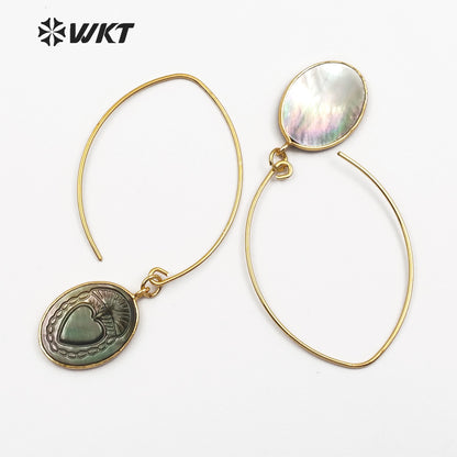 WT-E455 Metal Earwire With Gold Bezel Natural Sea Shell Briolette Earring Mysterious Pattern Women Bohemia Dangle Earring