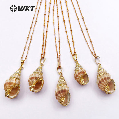 WT-JN021 Wholesale Natural Shell Necklace Genuine Sea Shell Trumpet Pendants with Gold Color Plated for Women Making