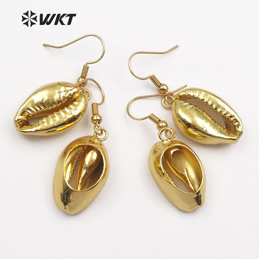 WT-E164 Wholesale Natural White Cowry Shell With Full Gold Dipped Earrings, Hotsale Gold Shell Cowry Earrings