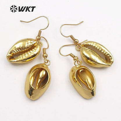 WT-E164 Wholesale Natural White Cowry Shell With Full Gold Dipped Earrings, Hotsale Gold Shell Cowry Earrings