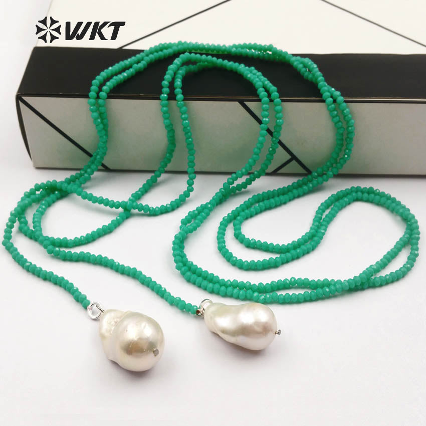 WT-N1115 Long Beads Necklaces Multi-color Beads Crystal Smooth Necklaces with White Pearl Necklaces for Women