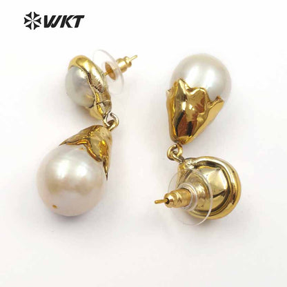 WT-E470 New Arrival Beautiful Special Design Classic with Full Gold for Women Jewelry Water Drop Natural Baroque Pearl Earring