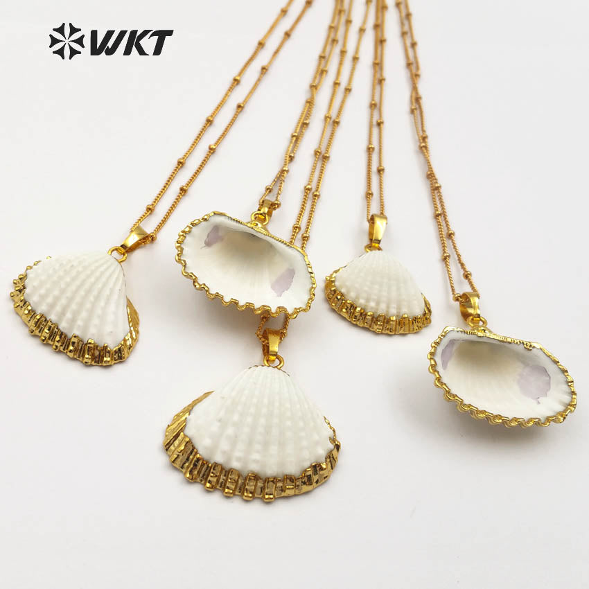 WT-JN014 Wholesale Newest 24k Gold Plated White Scallop Shell Necklace, Lovely Charming White Scallop Shell Necklace