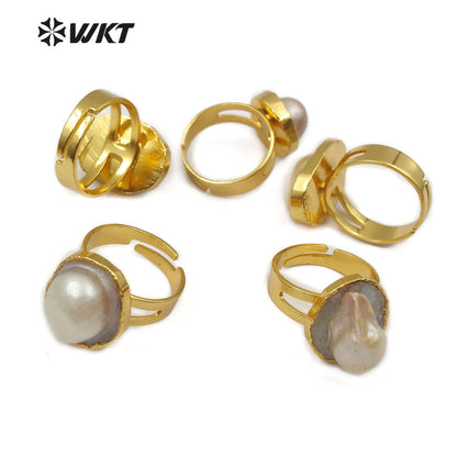 WT-R337 Hot-selling Fashion Gold-plated Pearl Rings Adjustable Size Natural Freshwater Pearl Gold Rings