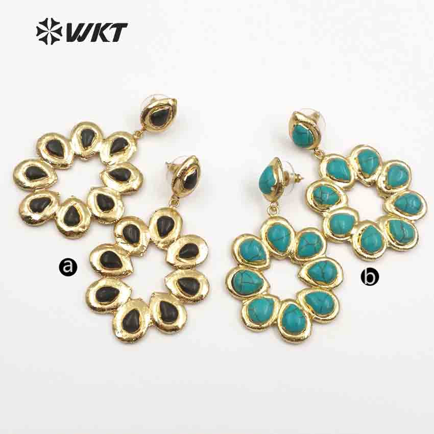 WT-E468 Wholesale Romantic Natural Stone Top Fashion Lady Elegant Jewelry Flower Shape Agate and Turquoise Drop Earrings