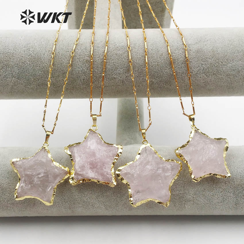 WT-N1122 Fashionable Gold Plated Raw Stone Star Shape Necklace, Bohemian Hammer Rose Quartz Star Necklace