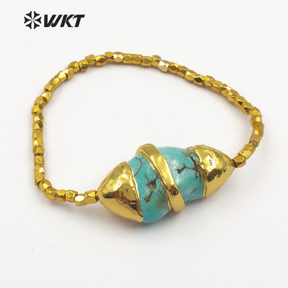 WT-B417 Wholesale Women Fashionable Handmade Turquoise Beads Bracelet, Gold Plated Flexible Green Turquoise Bracelet