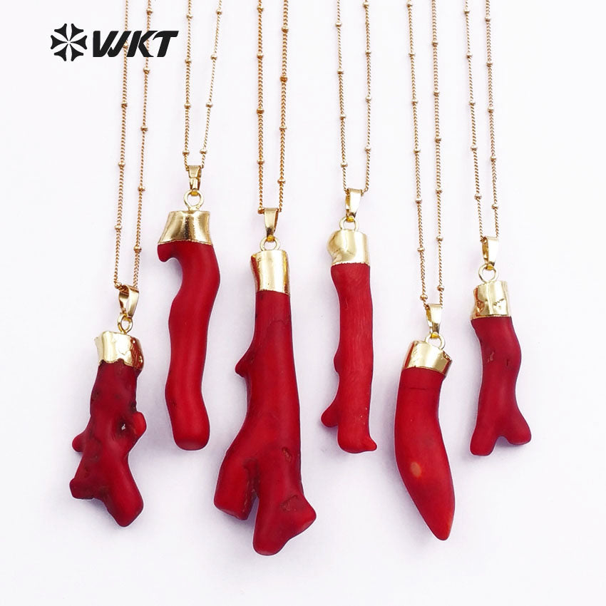 WT-N1121 18 Inch Long Stallite Beads Chain Red Coral Necklace, 18k Real Gold Plated Randomly Shape Red Coral Necklace
