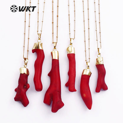 WT-N1121 18 Inch Long Stallite Beads Chain Red Coral Necklace, 18k Real Gold Plated Randomly Shape Red Coral Necklace