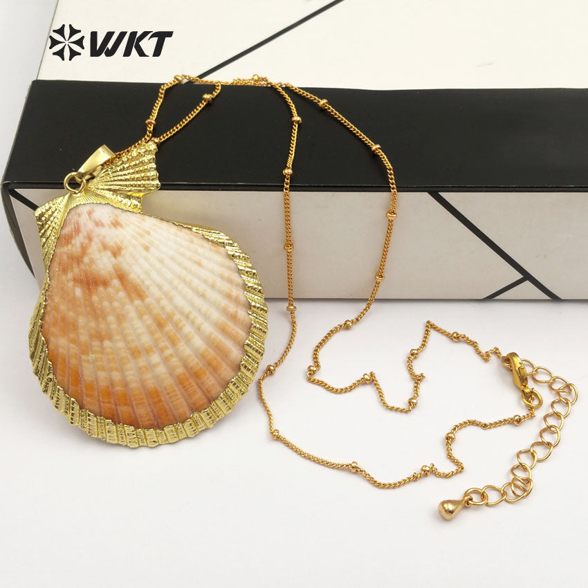 WT-N284 HOT Natural Scallop Shell Jewelry Necklace With 18" Brass Chain in 24k Gold Plated