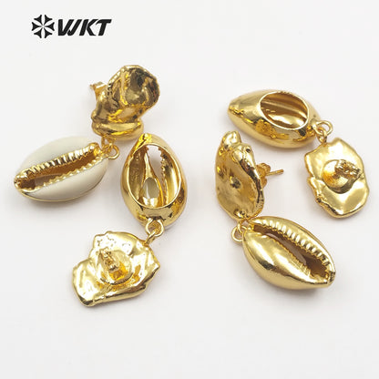 WT-E442 Chic Design Women Vogue Jewelry Irregular Shape Gold Dipped Tiny Cowrie and Pearl Earring Raw Sea Shell Earring