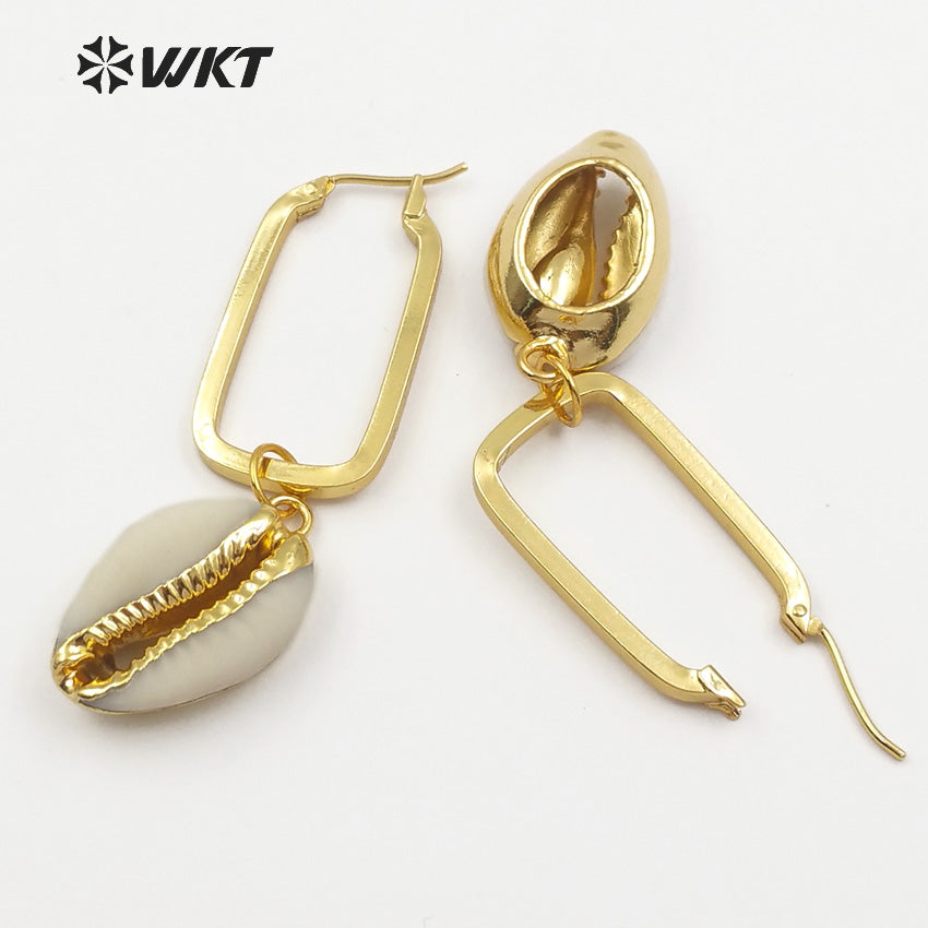 WT-E449 Natural Raw Cowrie With Gold Trim Mosaic Rectangle Metal Hoop Charm Earring Women Bohemia Style Dangle Earring
