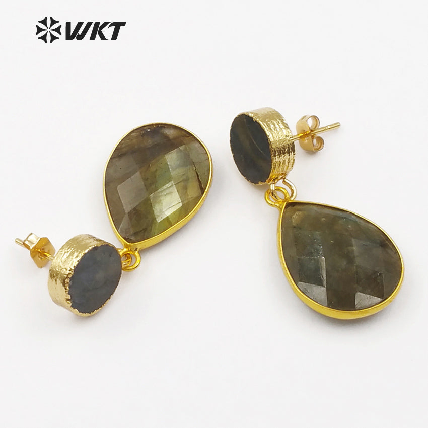 WT-E441 Wholesale New Arrived Stone Earrings for Girl with 24k Gold Plated Gemstone Teardrop Earrings