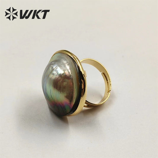 WT-MPR043 WKT 2022 High Quality New Style MABE Black Pearl Size 23 MM Ring Adjustable Finger Ring Gold-plate Luck Ring Jewelry