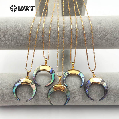WT-N998 Wholesale High Quality Special Design Necklace 18 Inch Natural Abalone Shell Crescent Shape 24K Gold Plated Jewelry