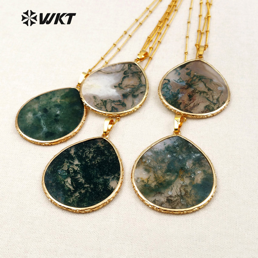 WT-N1102 Wholesale Latest Necklace Designs Moss Agate Pendant Necklace Gold Plated Natural Oval Shape Jasper Agate Necklace