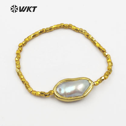 WT-B418 Amazing Gold Plated Freshwater Pearl Bracelet Women Fashionable Flexible Baroque Pearl Bracelet for Gift