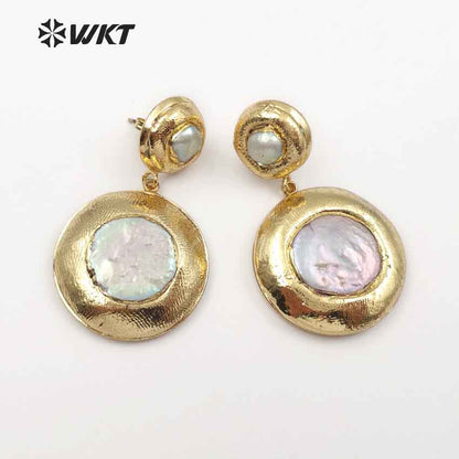 WT-E469 New Arrival Beautiful Special Design Classic with Full Gold for Women Fashion Jewelry Making Natural Pearl Round Earring