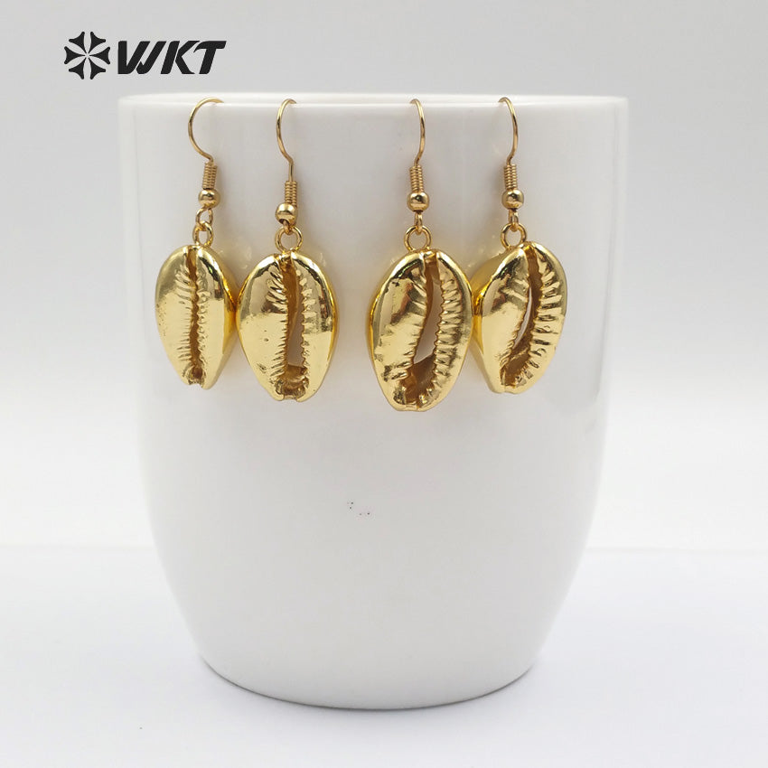 WT-E164 Wholesale Natural White Cowry Shell With Full Gold Dipped Earrings, Hotsale Gold Shell Cowry Earrings