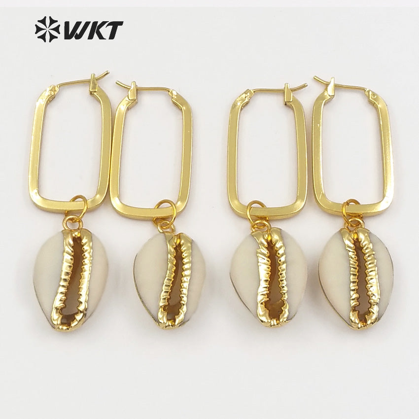 WT-E449 Natural Raw Cowrie With Gold Trim Mosaic Rectangle Metal Hoop Charm Earring Women Bohemia Style Dangle Earring