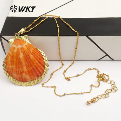 WT-N284 HOT Natural Scallop Shell Jewelry Necklace With 18" Brass Chain in 24k Gold Plated